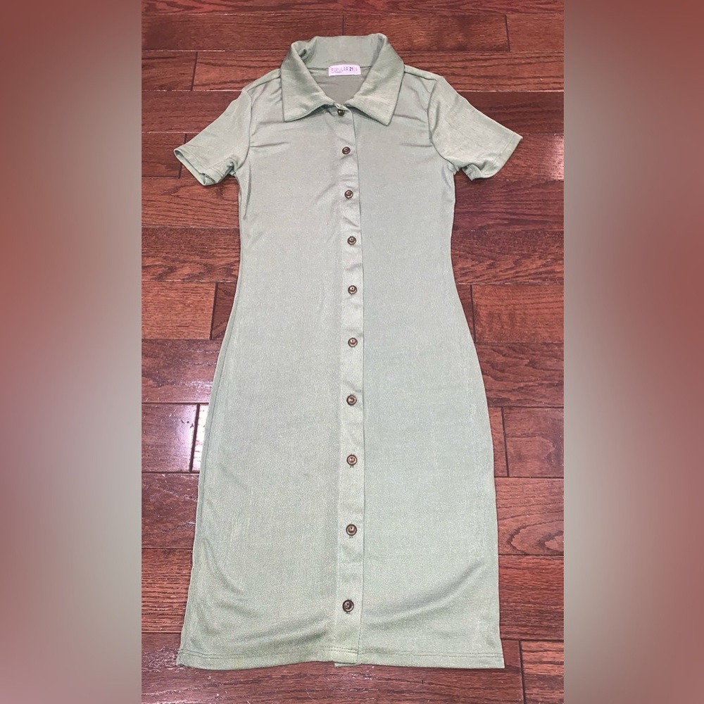 Popular 21 Sage‎ Green Button Front Midi Dress Cottagecore Minimalist Size S